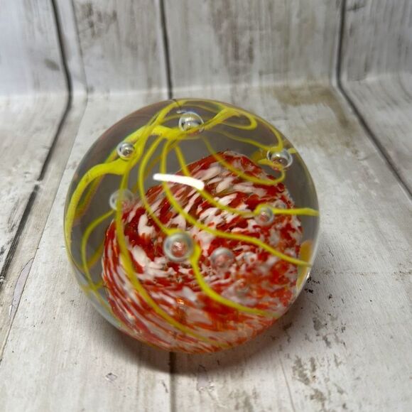 Art Glass Dome Paperweight Yellow Swirl Red White Controlled Bubbles - Picture 4 of 6